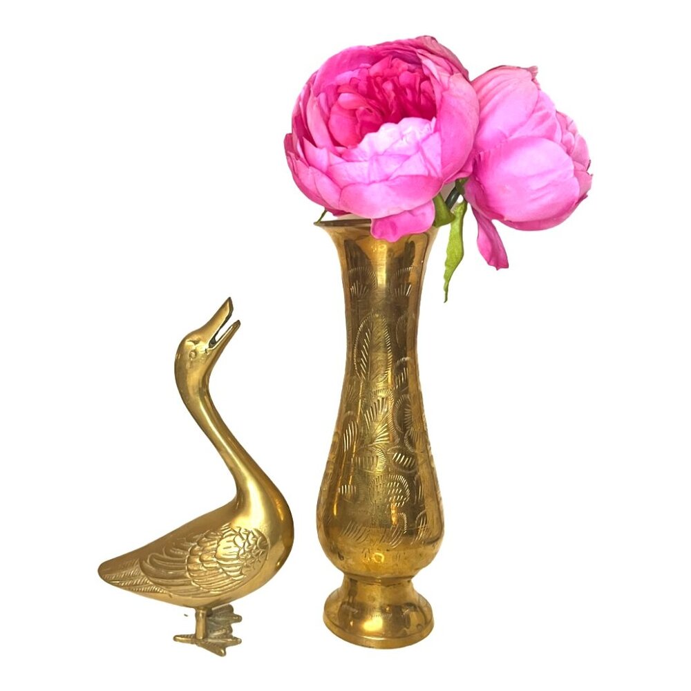 Vintage 1960s Brass Vase - Etched Floral Design - MCM, Gold